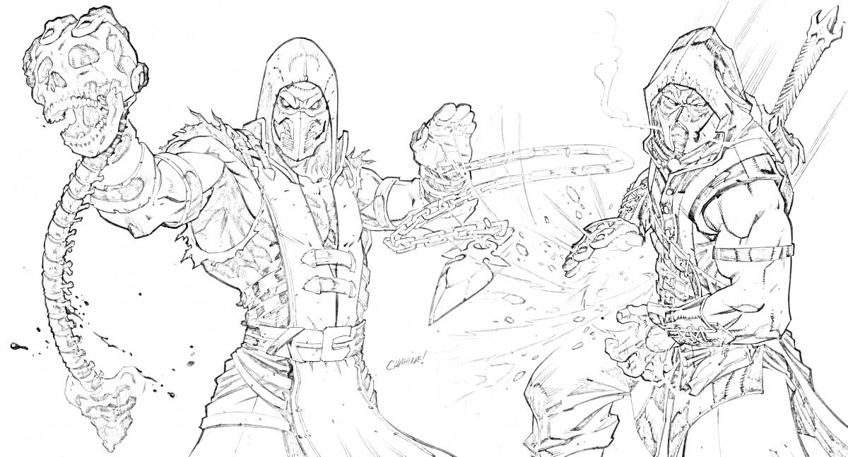 Раскраска Сражение двух воинов: один атакует цепом с черепом, другой защищается с кинжалом