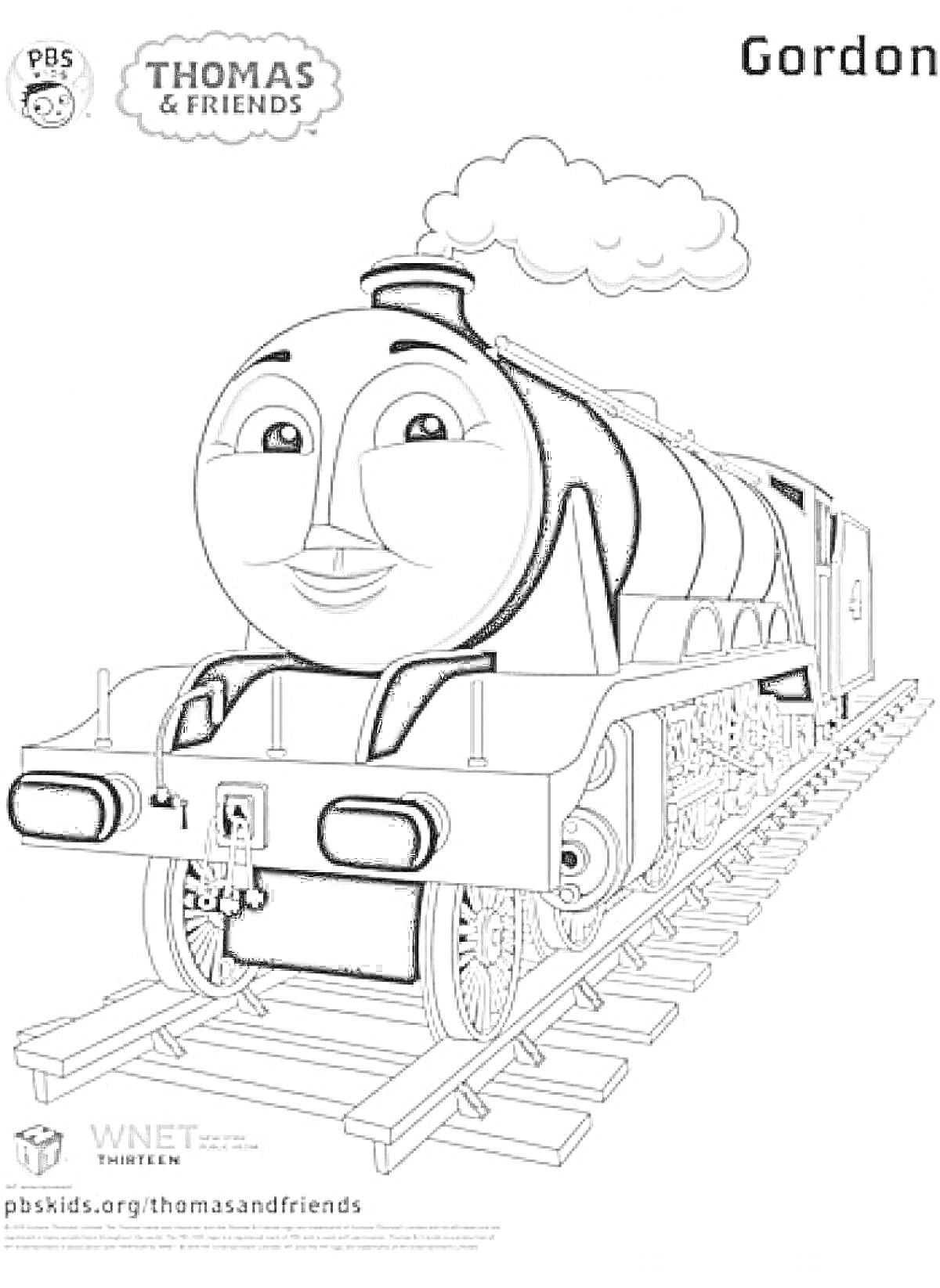 На раскраске изображено: Томас и его друзья, Паровоз, Гордон, Железная дорога, Поезд, Рельсы, ПК