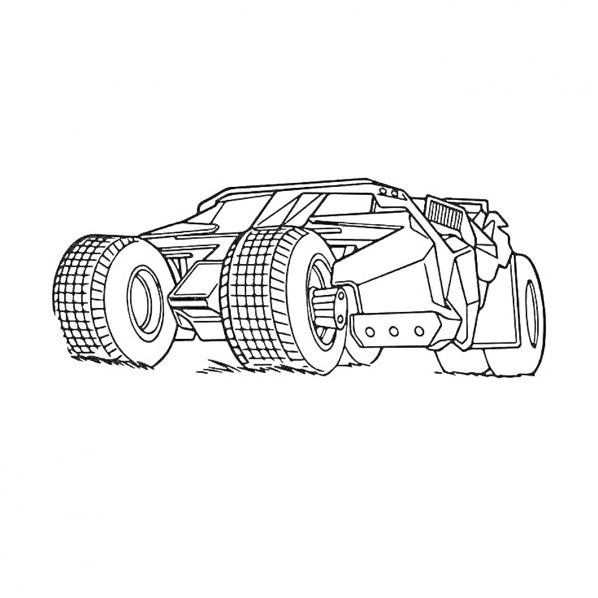 Раскраска Бэтмобиль с крупными колесами и детализированным кузовом