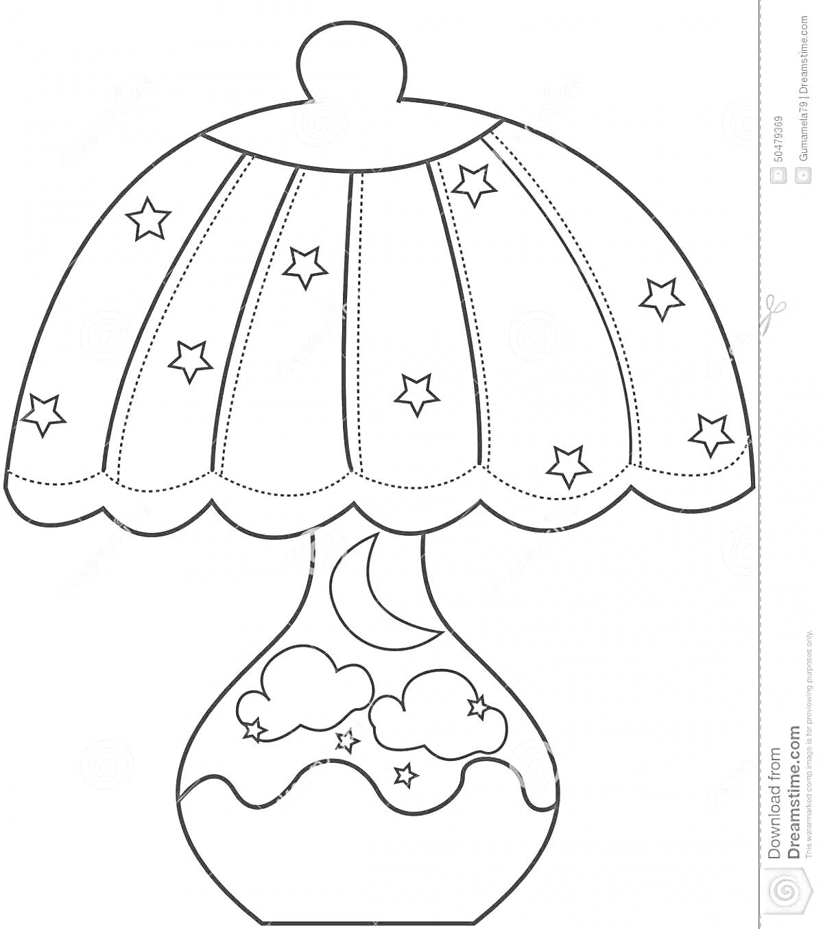 Раскраска Ночник с купольным абажуром, украшенным звездами, и основанием с луной и облаками