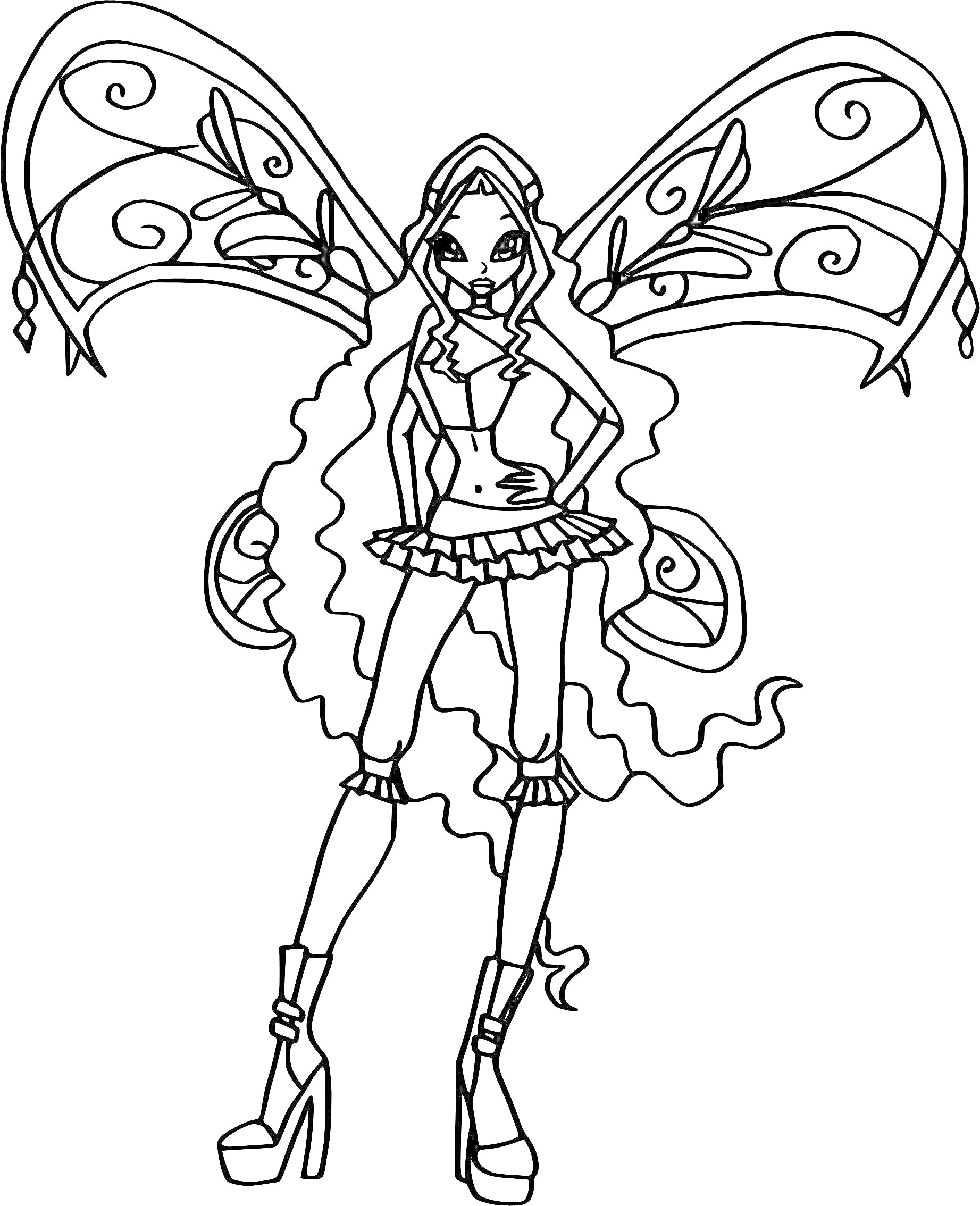 Раскраска Фея винкс в костюме Беливикс с большими крыльями и длинными волосами в сапогах на каблуках