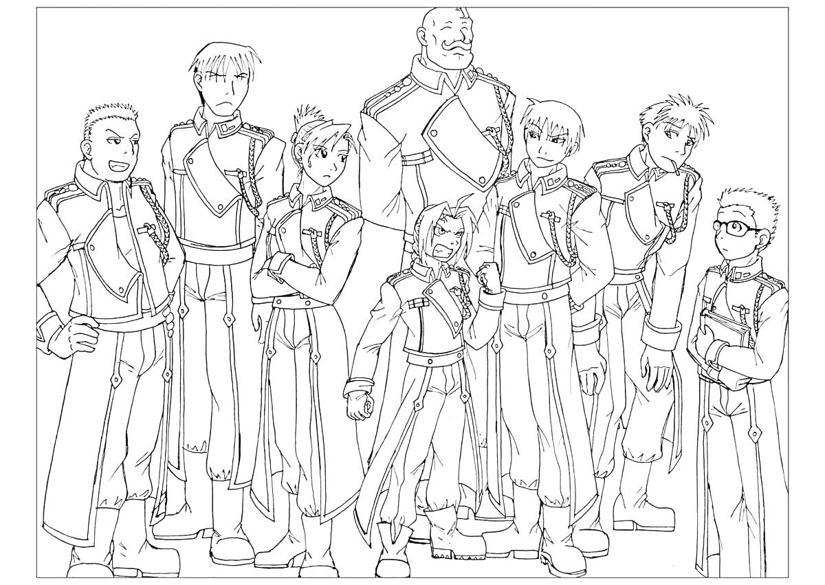 Раскраска Группа персонажей в форме из аниме 