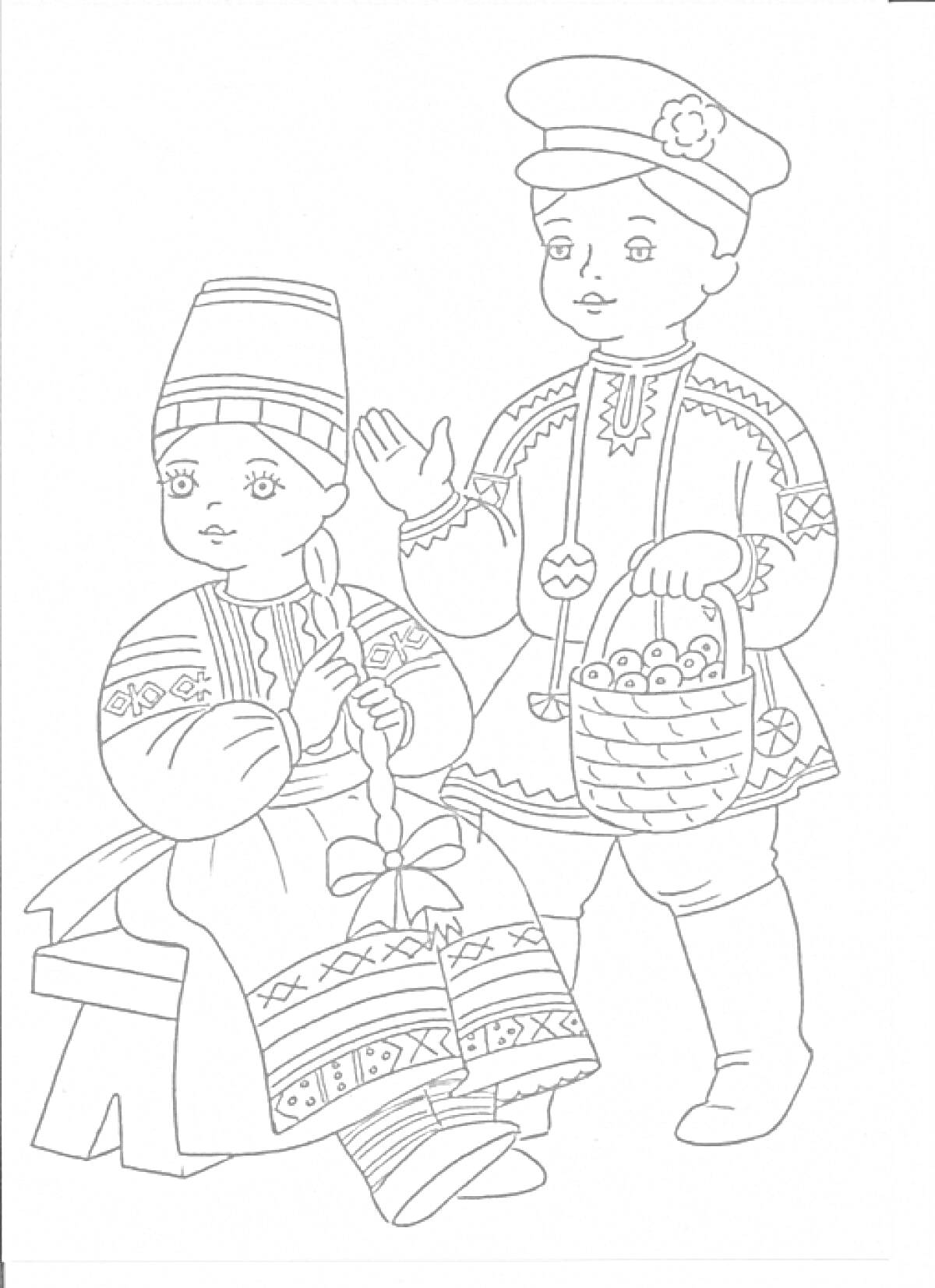 Девочка плетет косу, сидя на лавке, в традиционном русском народном костюме с кокошником и сарафаном с народными узорами, рядом стоит мальчик в рубашке и шапке с корзинкой
