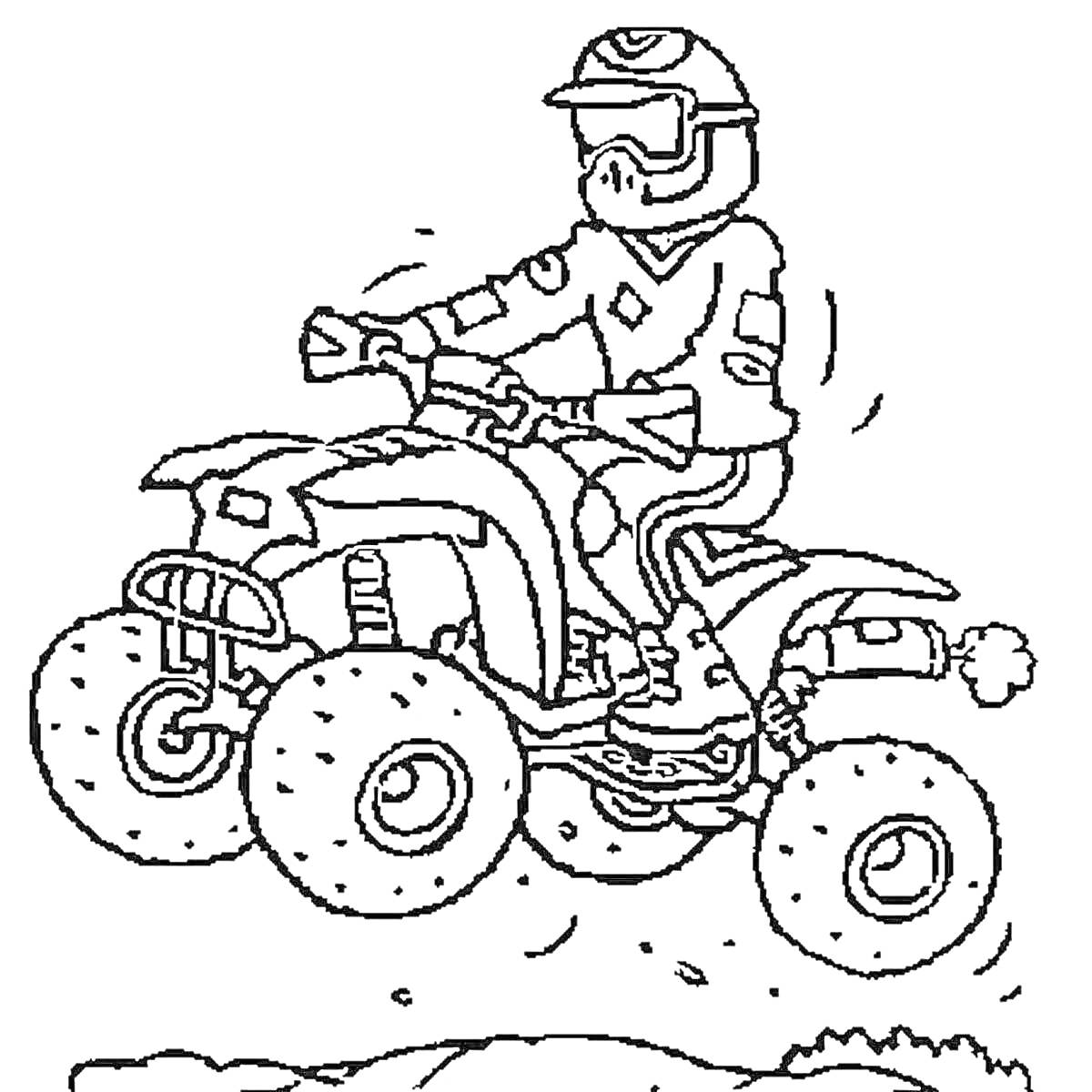 На раскраске изображено: Квадроцикл, Водитель, Холмы, Внедорожник, Байкер