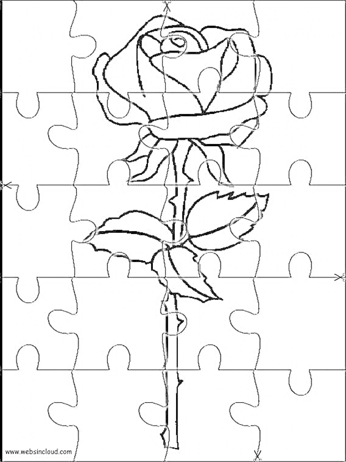 На раскраске изображено: Пазл, Листья, Цветы, Розы, Бутон, Контурные рисунки