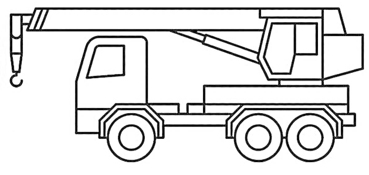 Раскраска раскраска с изображением машины крана со стреловым механизмом, кабиной для водителя, кабиной для управления краном, шестью колесами и крюком