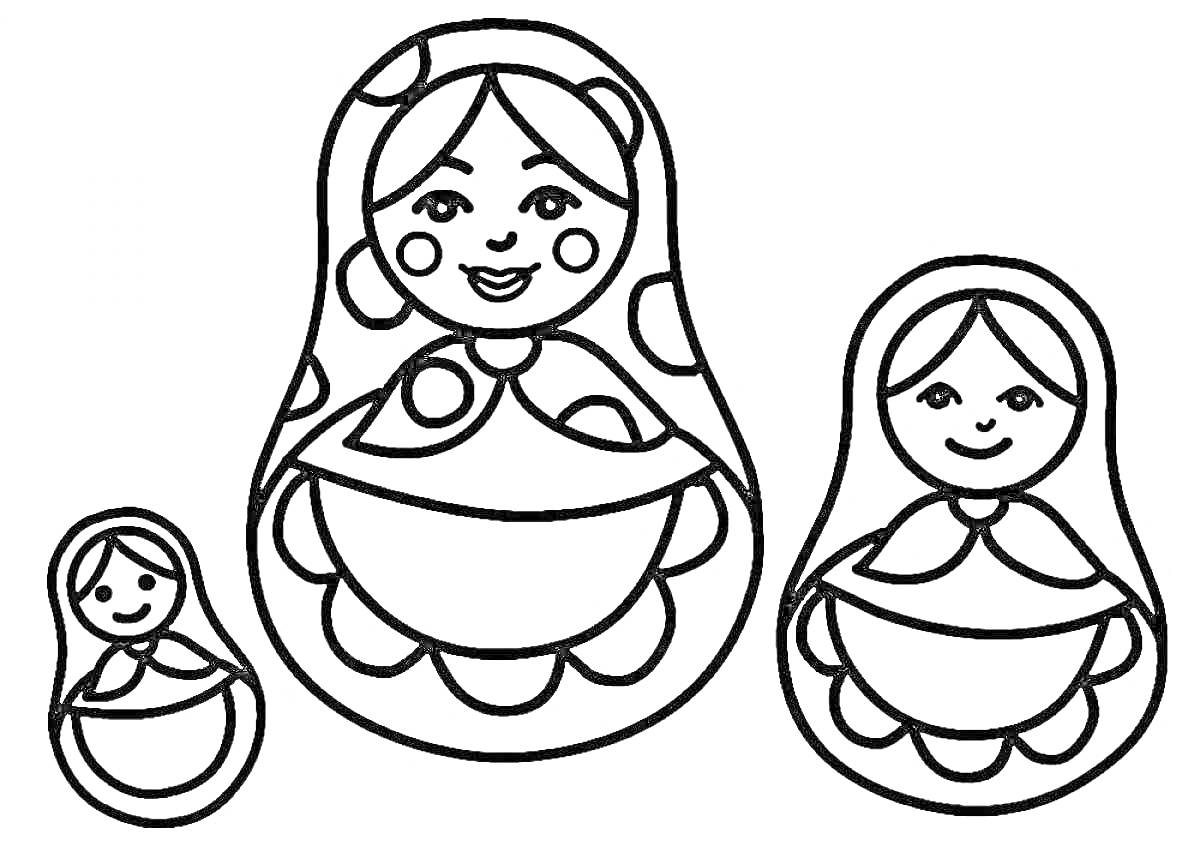 Раскраска Матрешка с тремя куклами разного размера