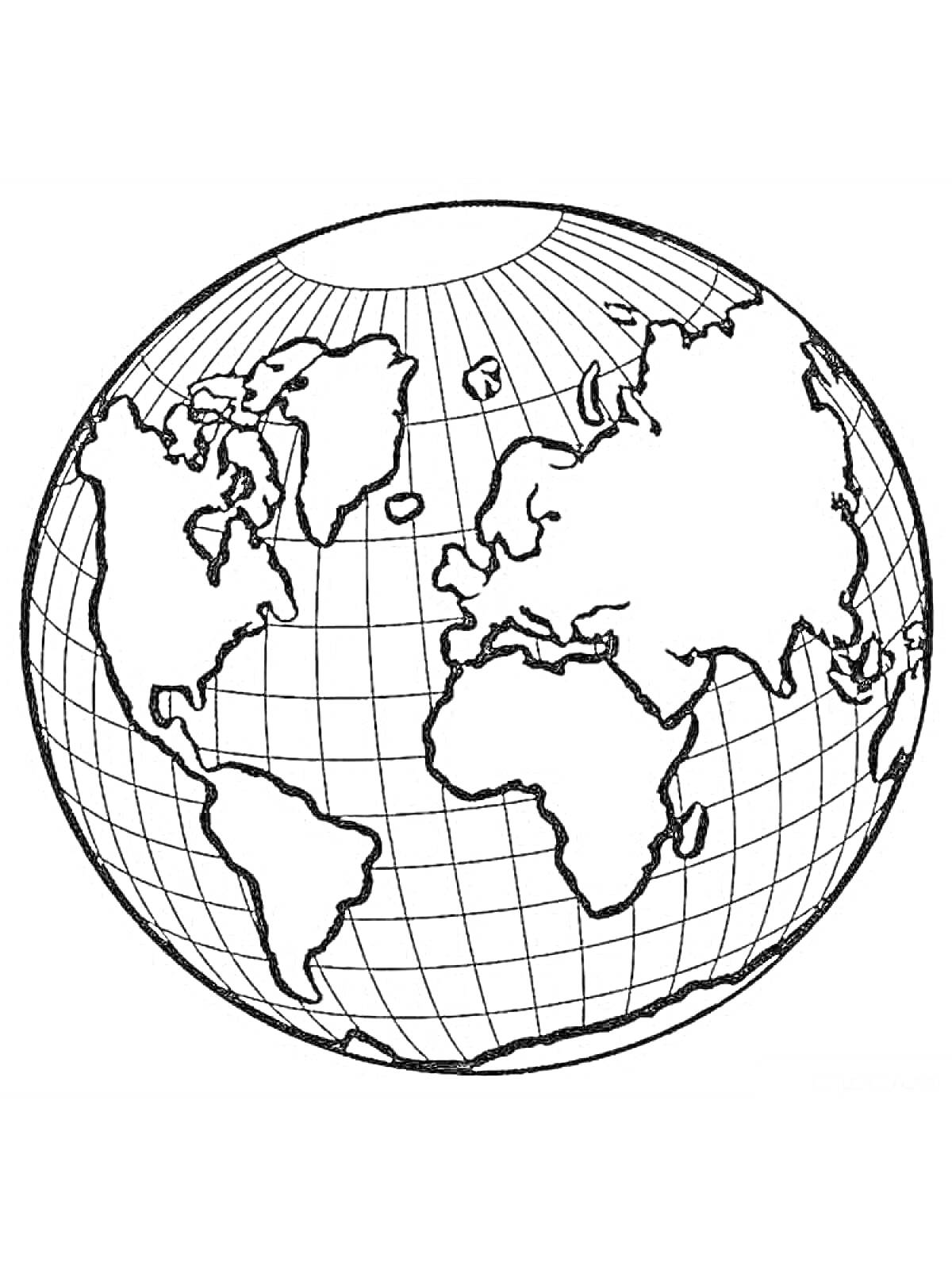 Раскраска Глобус с изображением контуров материков и линий долготы и широты