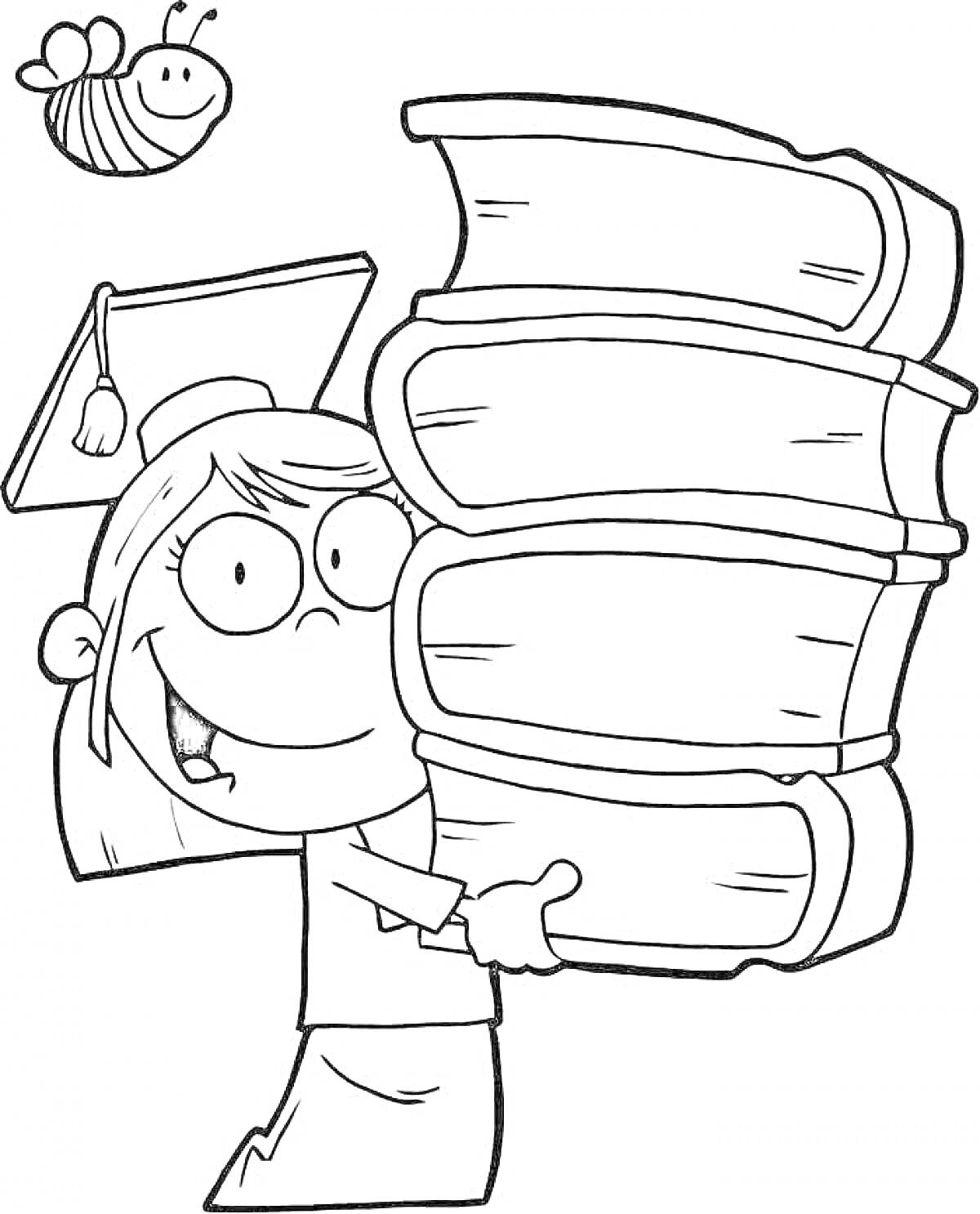 Девочка в академической шапочке с большой стопкой книг, пчела