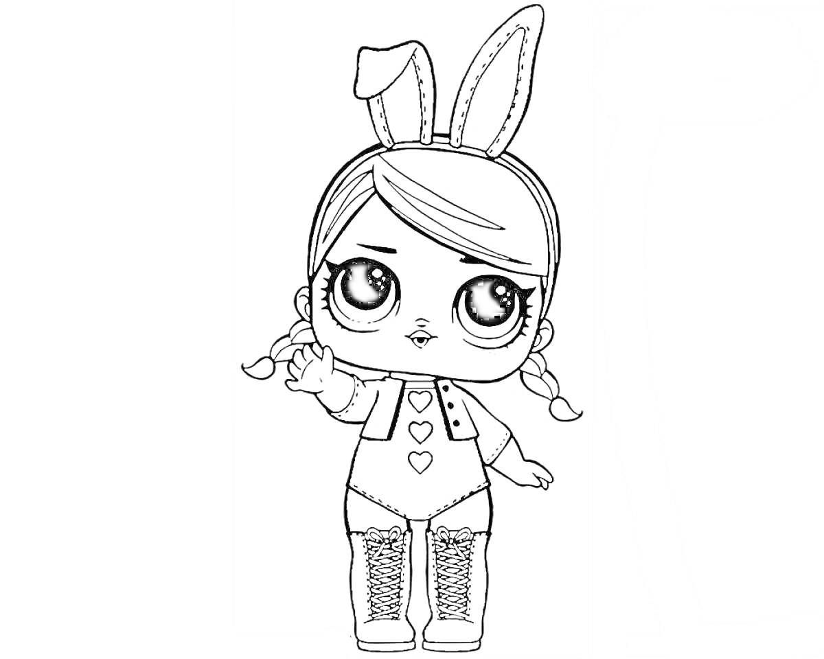 Раскраска Кукла Лол с ушками кролика и сапогами, с двумя косичками, с сердечками на одежде