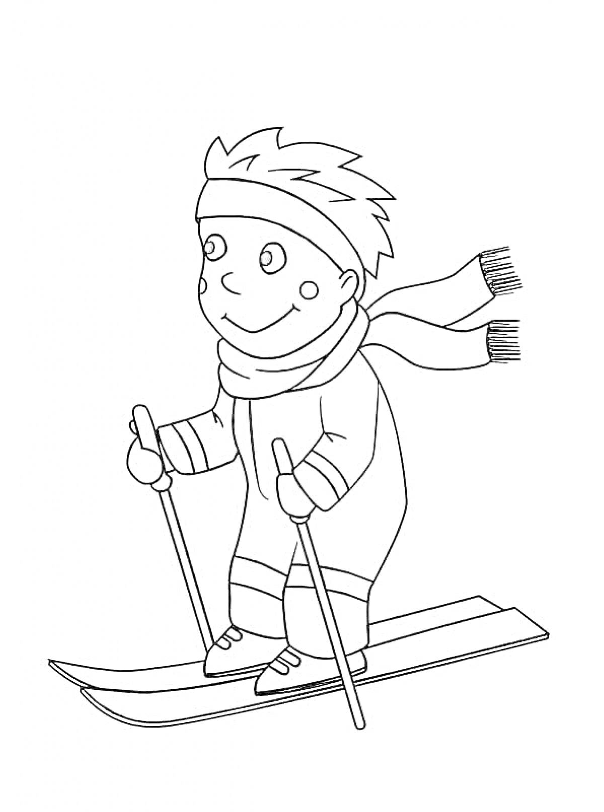 На раскраске изображено: Лыжник, Зимняя одежда, Шарф, Лыжи, Палки, Ребенок, Зима, Спорт