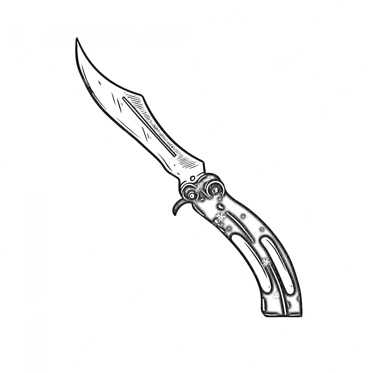 На раскраске изображено: Изогнутое лезвие, Инструмент, Оружие, Нож