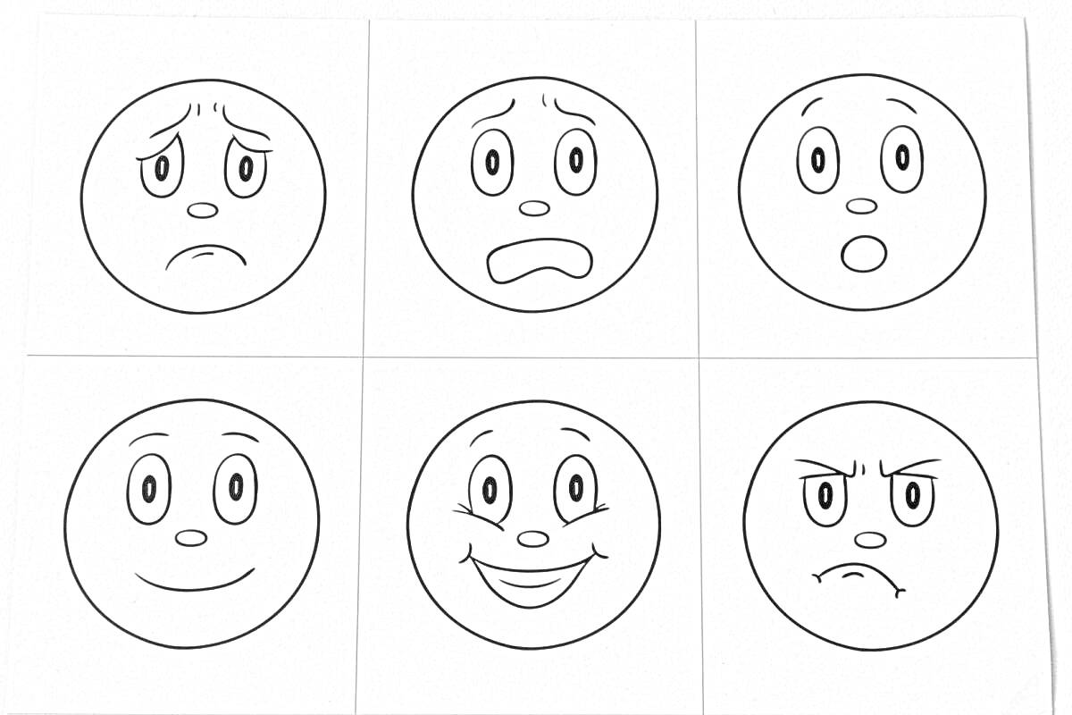 Раскраска Раскраска с шести смайликами, изображающими эмоции: грусть, страх, удивление, спокойствие, радость, злость.