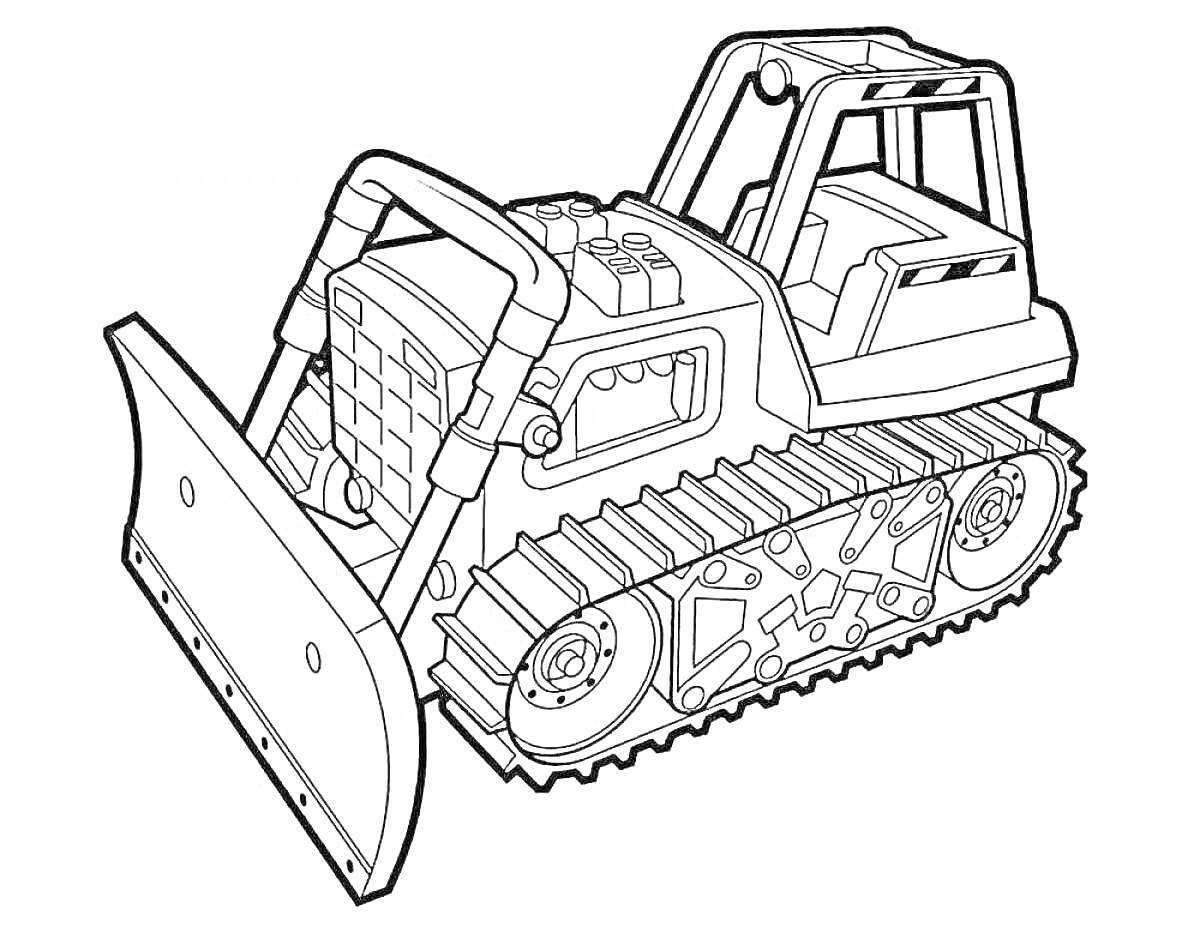 На раскраске изображено: Трактор, Гусеничный, Тяжелая техника, Отвал, Строительная техника, Транспорт, Строительные работы