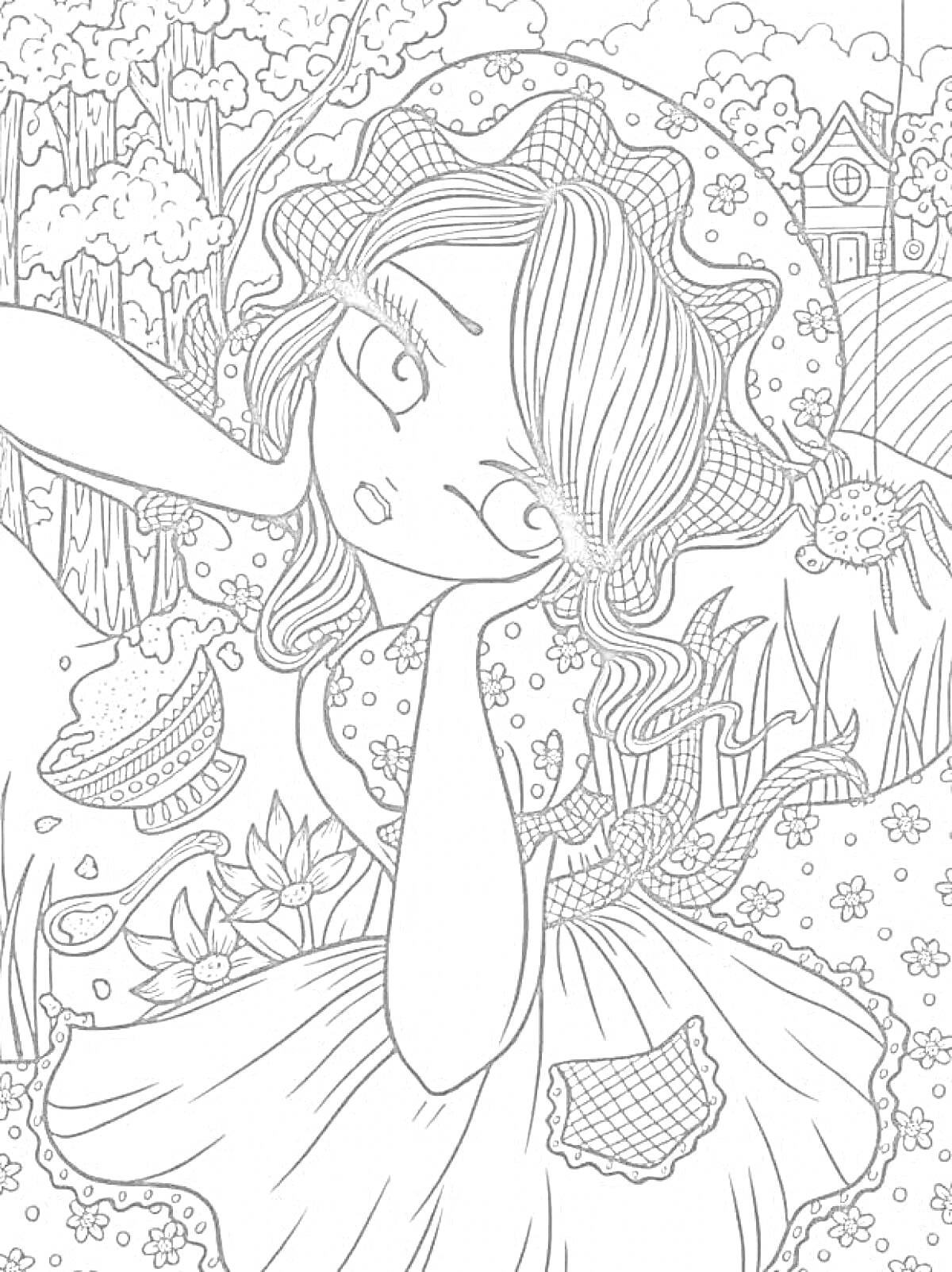 Раскраска Девочка в шляпке на фоне природы с тортом и цветами