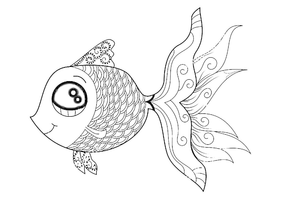 На раскраске изображено: Золотая рыбка, 3-4 года, Рыба, Большие глаза, Узоры, Плавники, Окраска, Чешуя