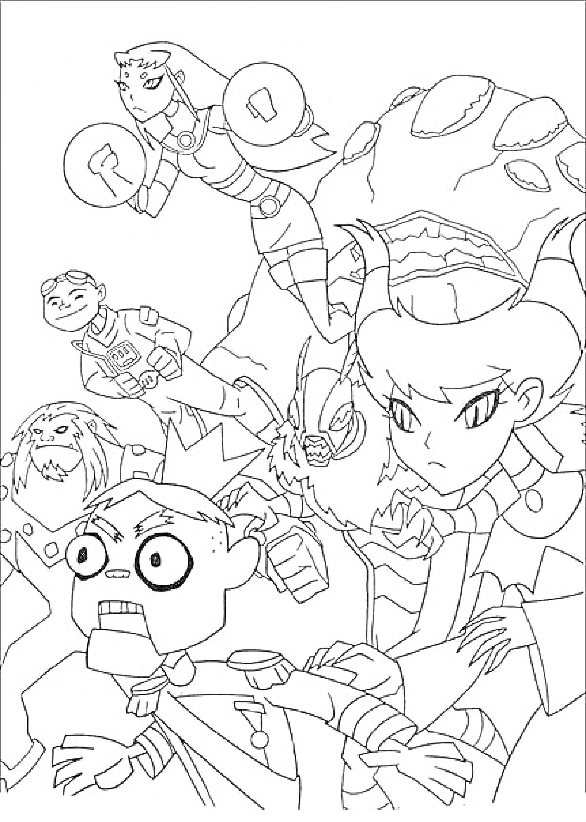 Раскраска Герои Юные Титаны в боевой готовности. Летающая девушка, девочка с длинным волосом и рогами, мальчик в костюме, большое существо на заднем плане и двое меньших персонажей на переднем плане.