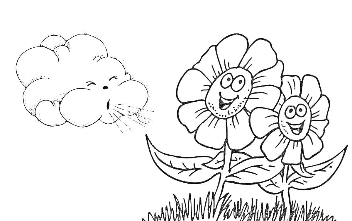 На раскраске изображено: Для детей, Цветы, Улыбающиеся цветы, Природа, Ромашка, Облака, Трава