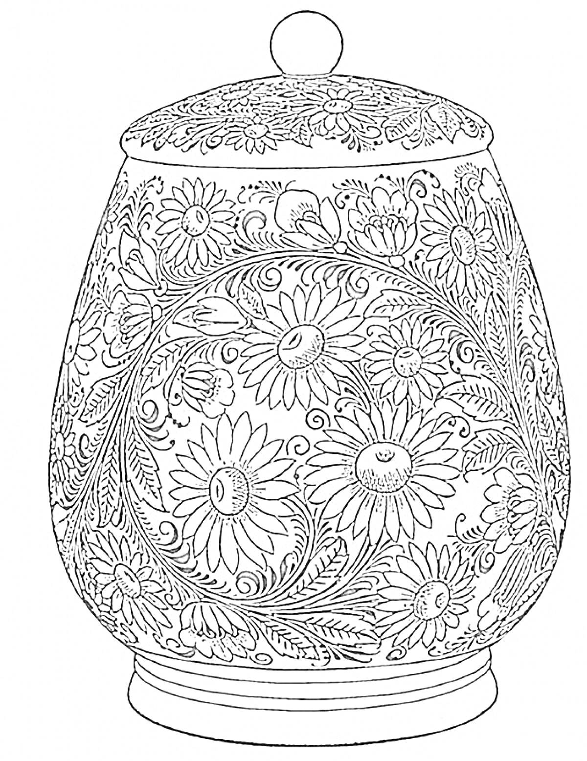 Раскраска Посудина с крышкой, украшенная узором хохломы с цветами и листьями