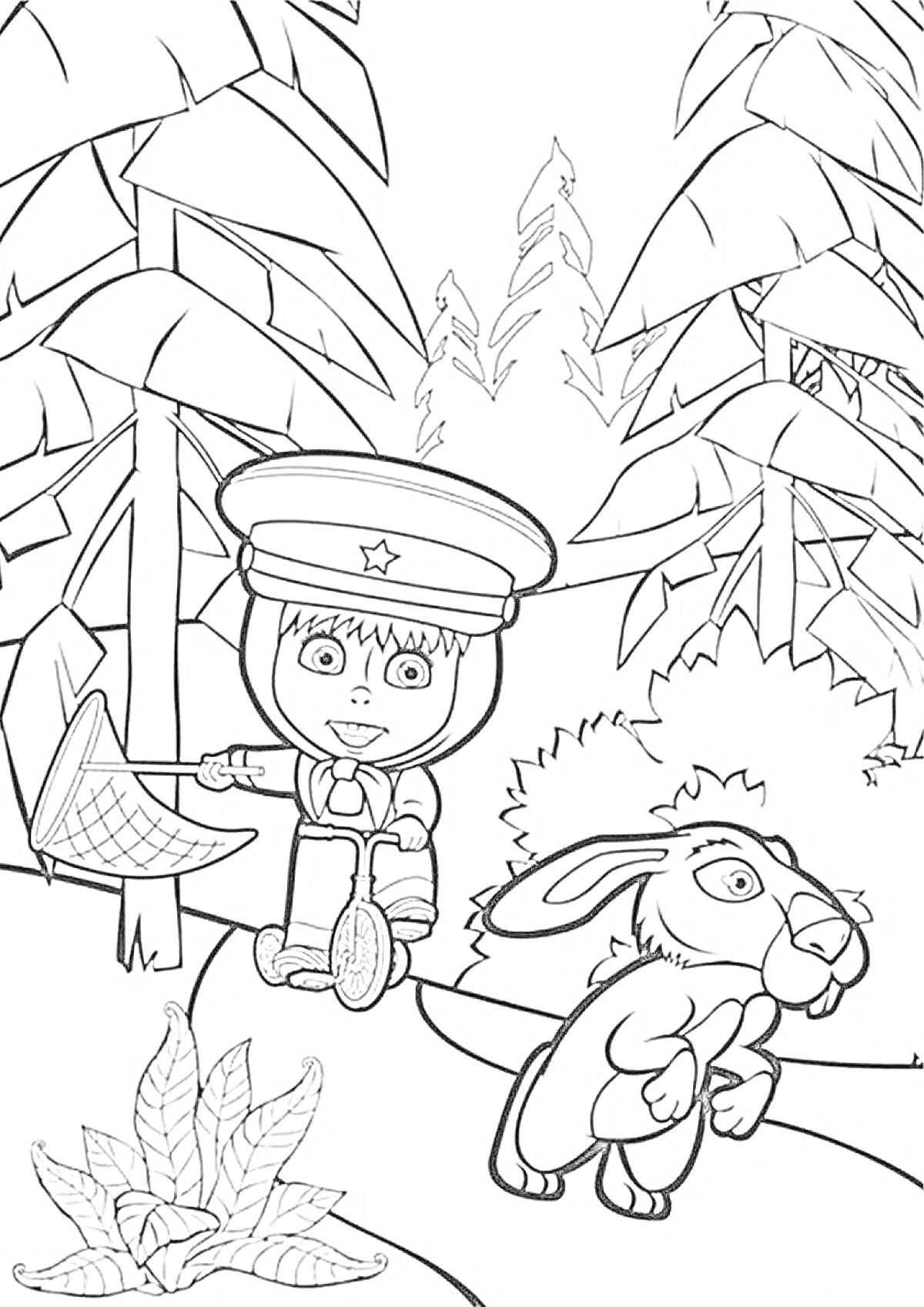 На раскраске изображено: Маша и Медведь, Заяц, Лес, Деревья, Сачок, Листья, Хвойный лес