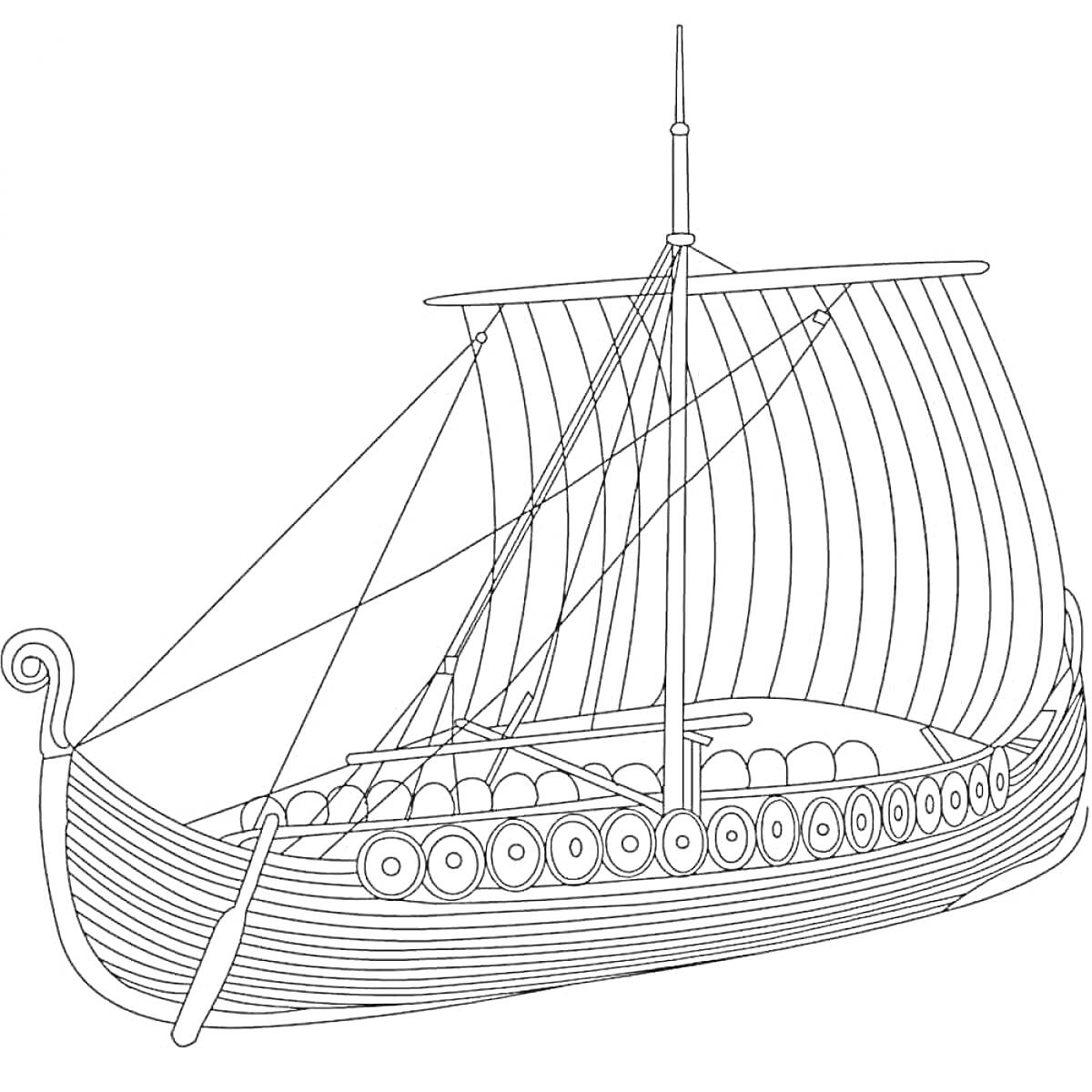 Раскраска Викингское судно с парусом и щитами на борту