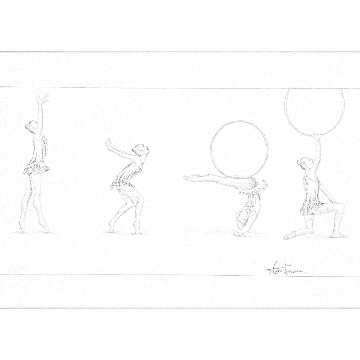 Раскраска Рисунок гимнасток в различных позах с обручем