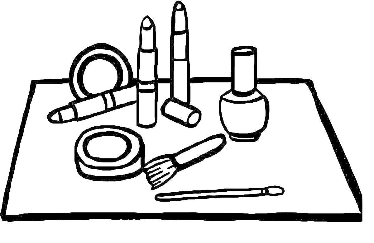 Раскраска Визажистический набор со средствами для макияжа: тени для век, кисть для макияжа, губная помада, лак для ногтей, карандаши для глаз, ватная палочка