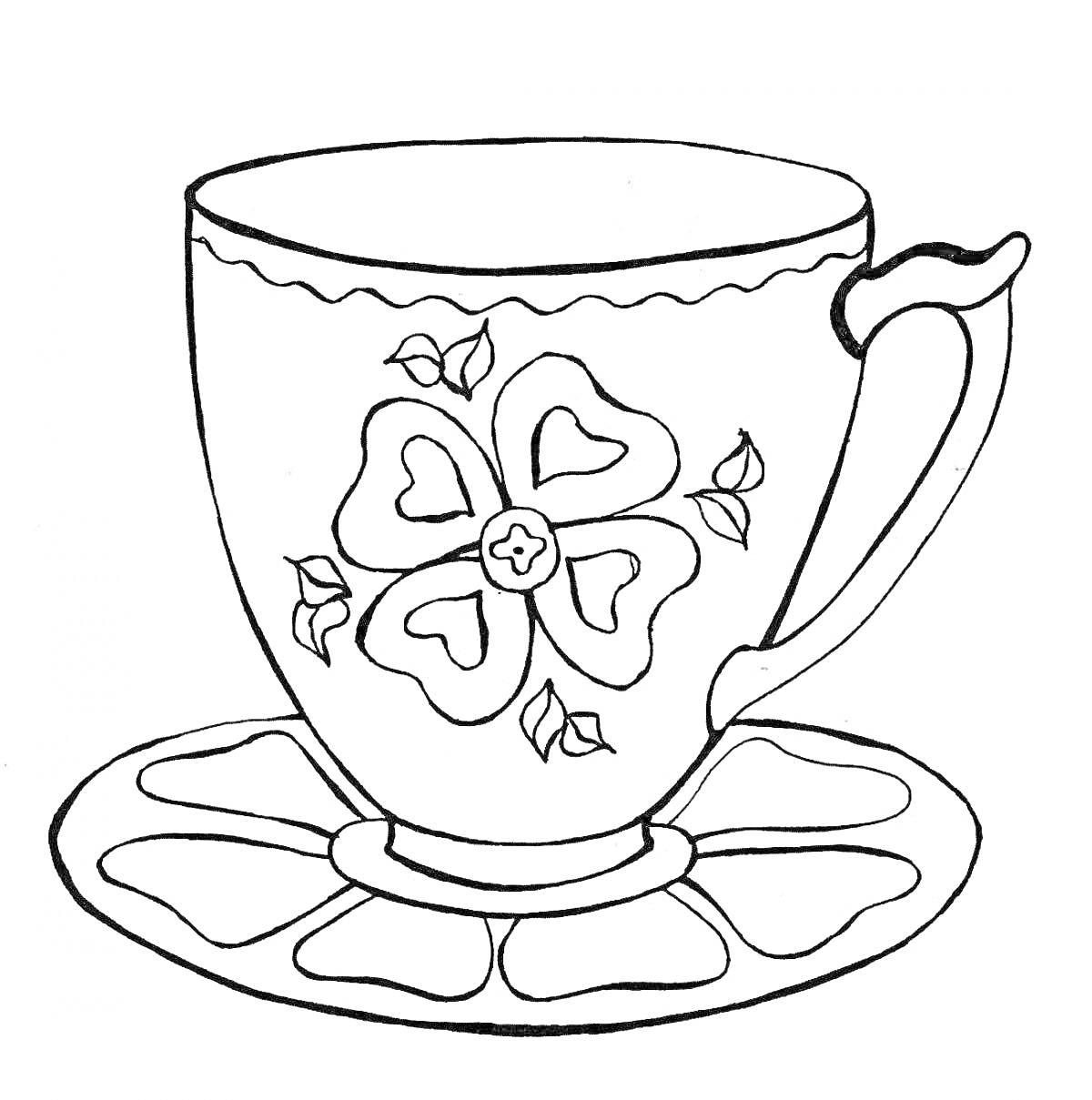 На раскраске изображено: Цветочный узор, Посуда, Для детей, 3-4 года, Чайная чашка, Цветы