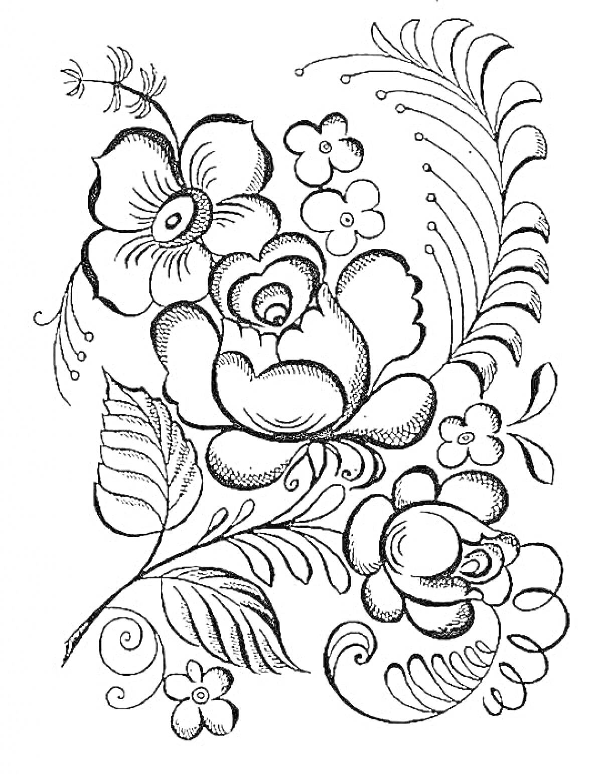 Раскраска Гжельские узоры с цветами и листьями