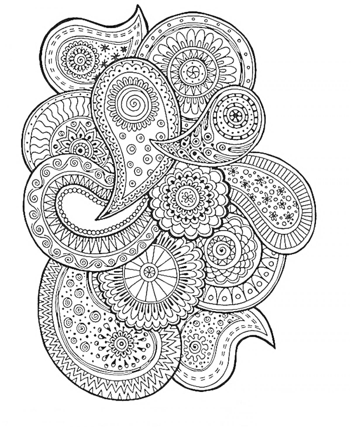 Антистресс раскраска с изображением узоров пейсли, мандал и круговых орнаментов