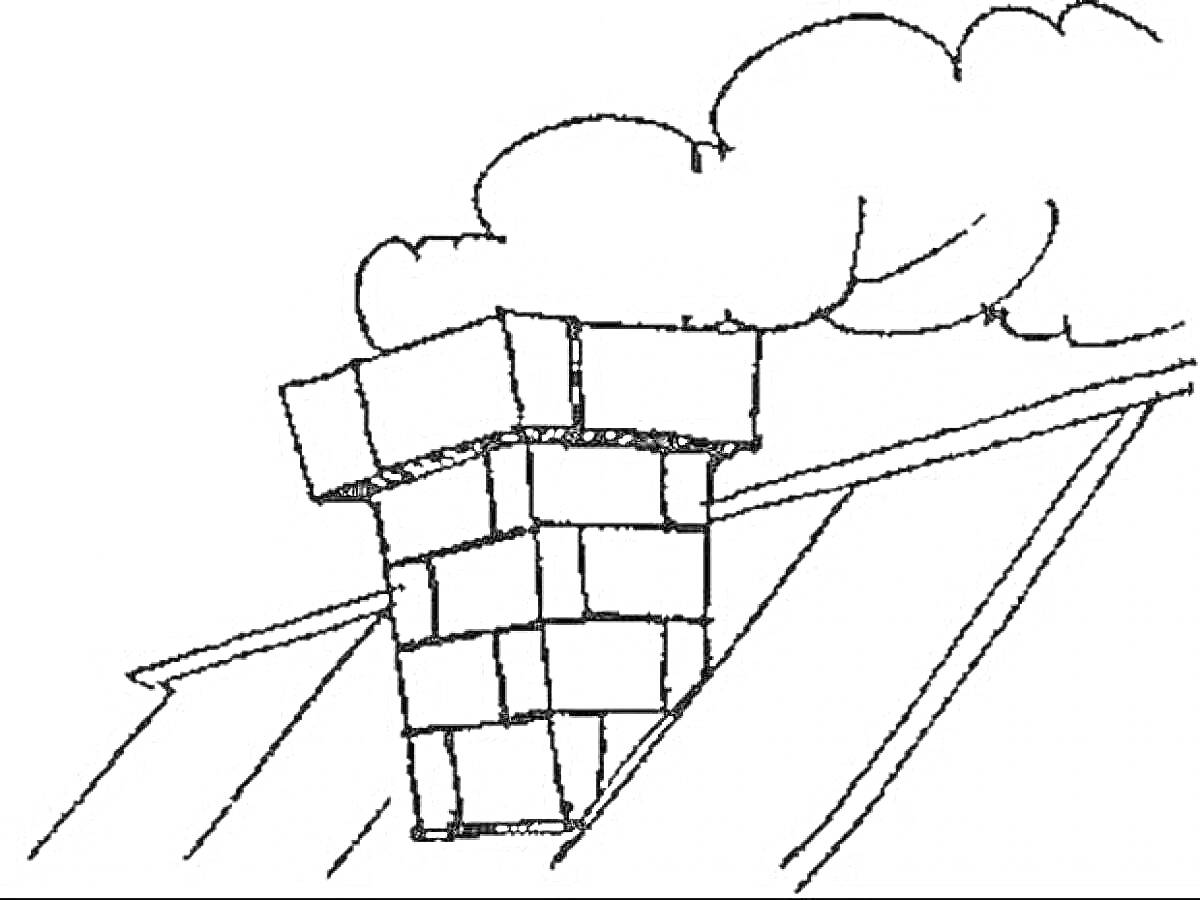 На раскраске изображено: Труба, Крыша, Дом, Дым, Кирпичи