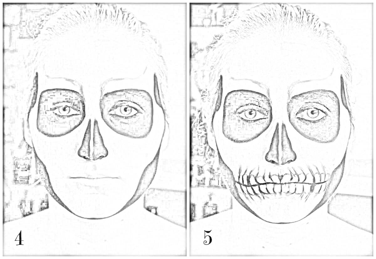 На раскраске изображено: Хэллоуин, Макияж, Череп, Лицо, Шаги