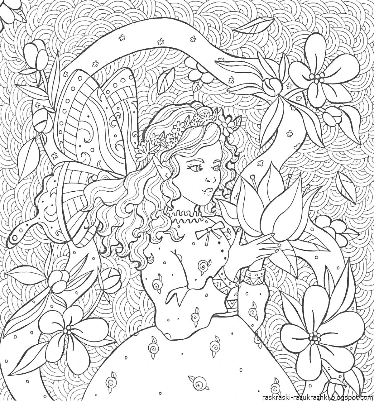 Раскраска Фея среди цветов с бабочкой и цветком в руках