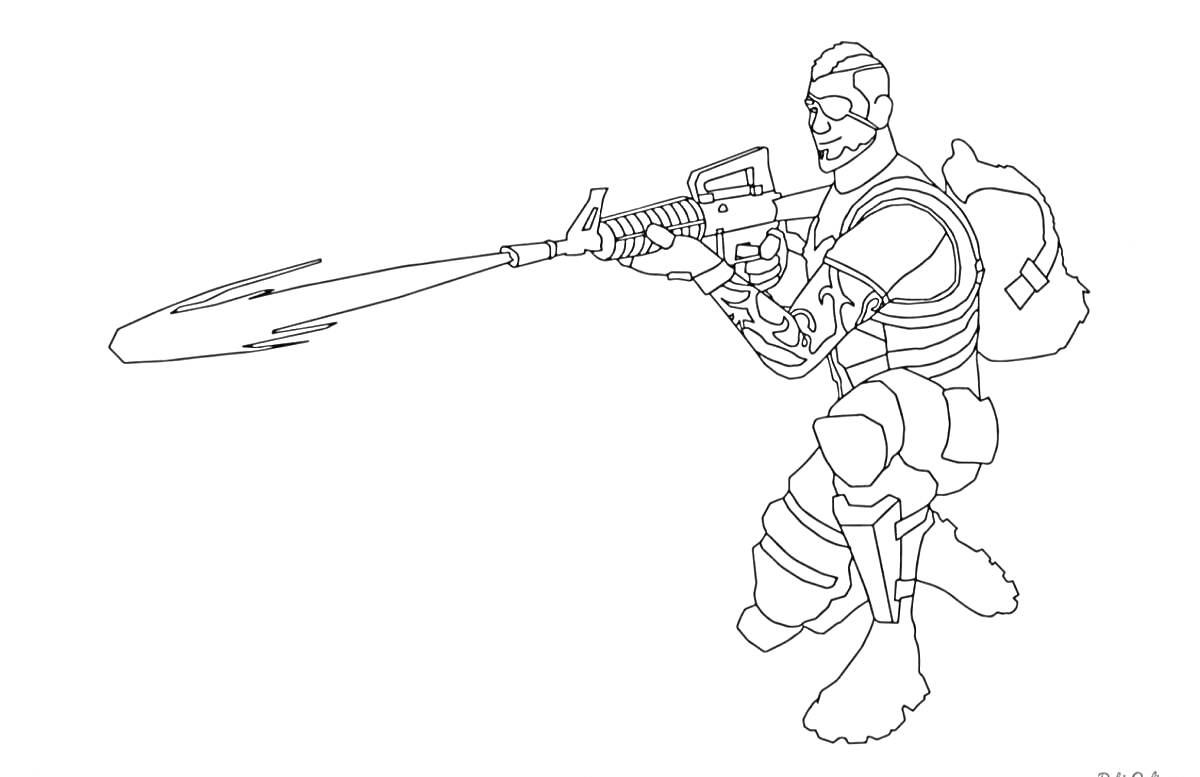 Раскраска солдат из Fortnite с автоматом и рюкзаком