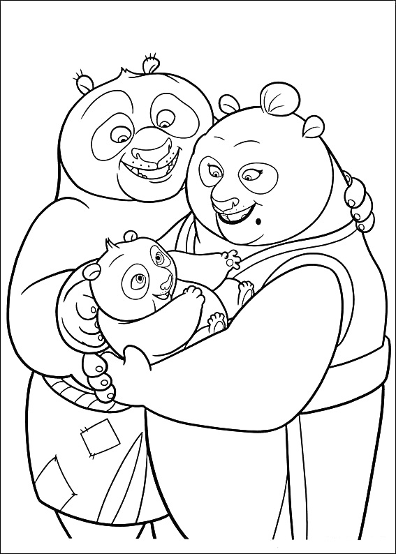 Раскраска Две взрослые панды держат маленькую панду на руках