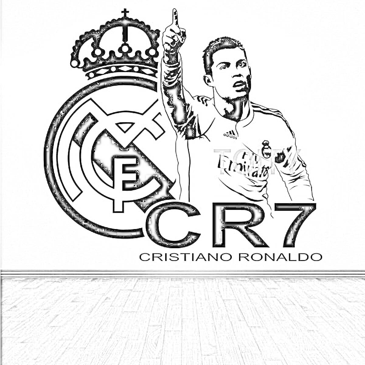 Криштиану Роналду в форме с поднятой вверх рукой рядом с эмблемой футбольного клуба «Реал Мадрид», надпись CR7 и Криштиану Роналду.