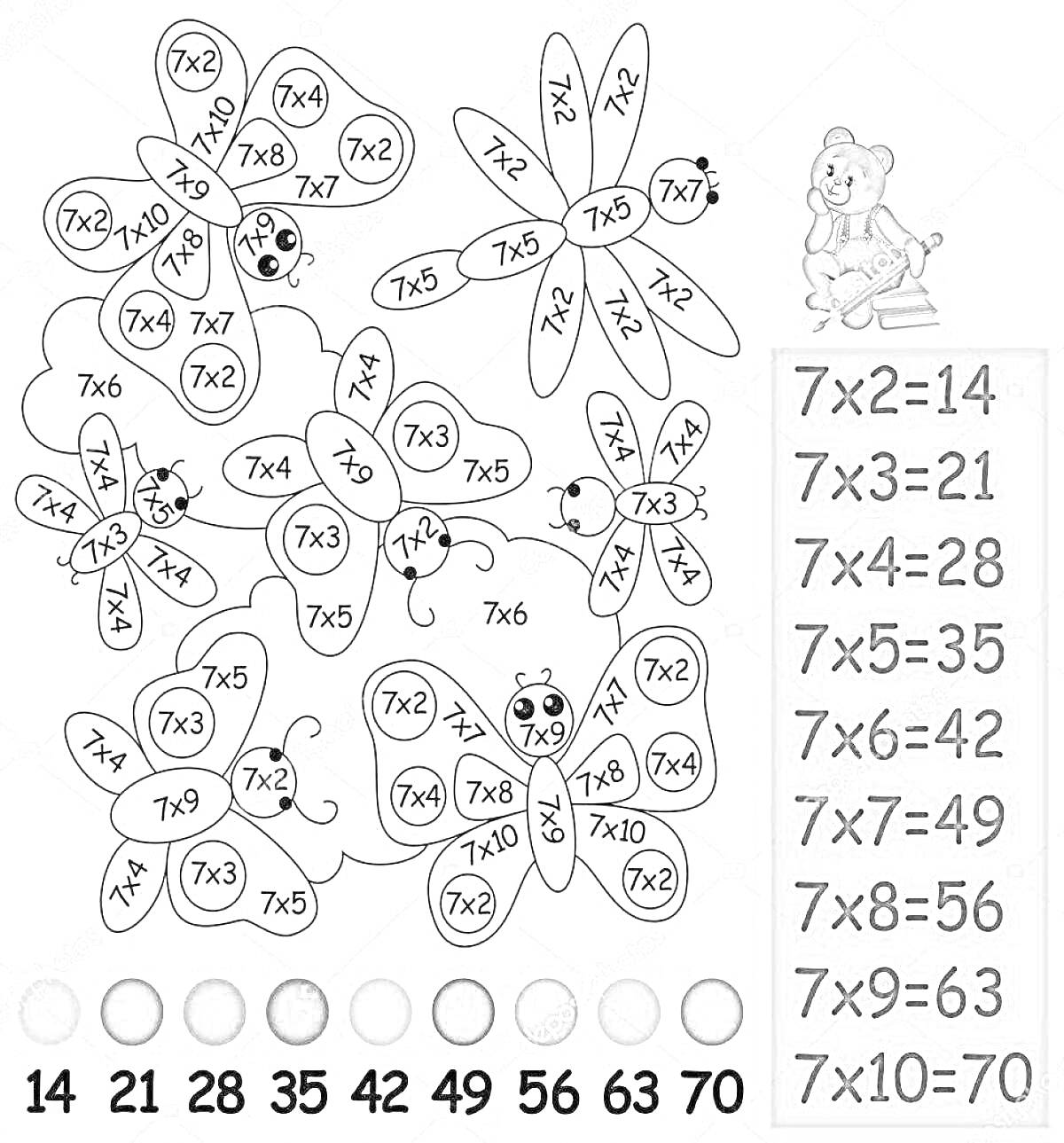 Раскраска Бабочки с примерами умножения на 7, медведь, цветные кружки и таблица умножения