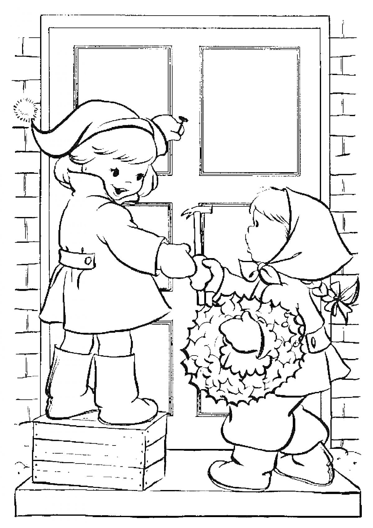 На раскраске изображено: Зимняя одежда, Рождественский венок, Дверь, Колядки, Новый год, Рождество