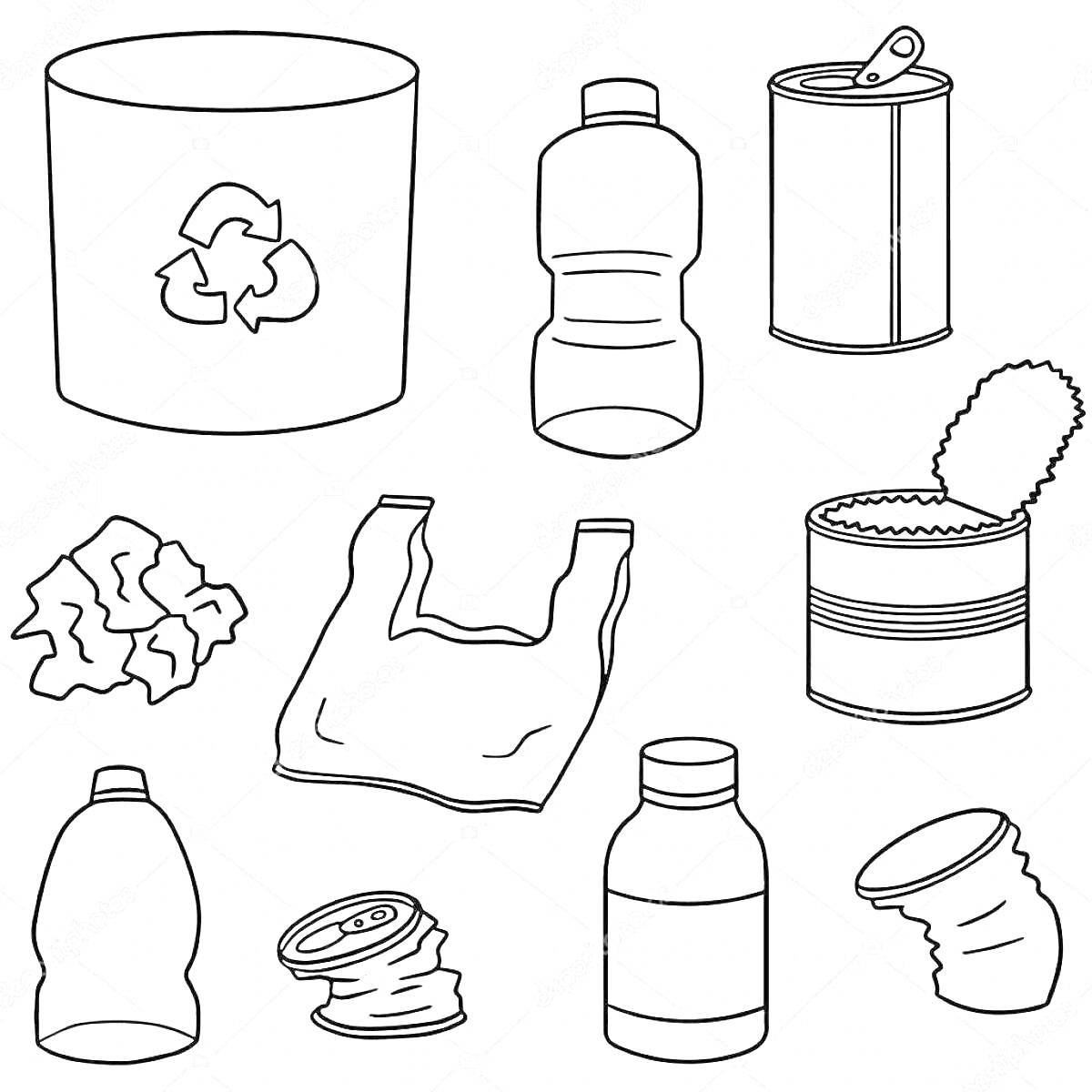 Мусорное ведро с символом переработки, пластиковая бутылка, консервная банка, бумажный шарик, пластиковый пакет, открытая консервная банка с щеткой, бутылка, сдавленная консервная банка, бутылка с широким горлом, скомканная пластиковая бутылка