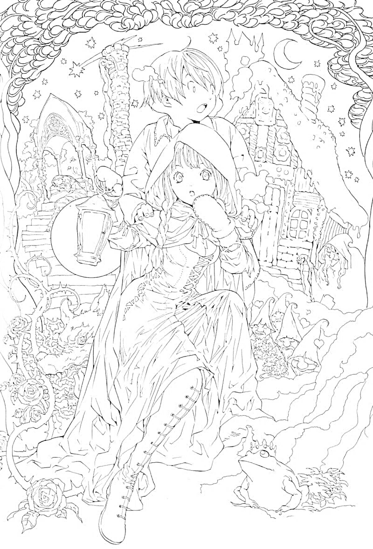 Раскраска Пара с фонарём среди сказочных развалин, луна и звёзды на фоне, сказочные растения, жабы и старинные здания