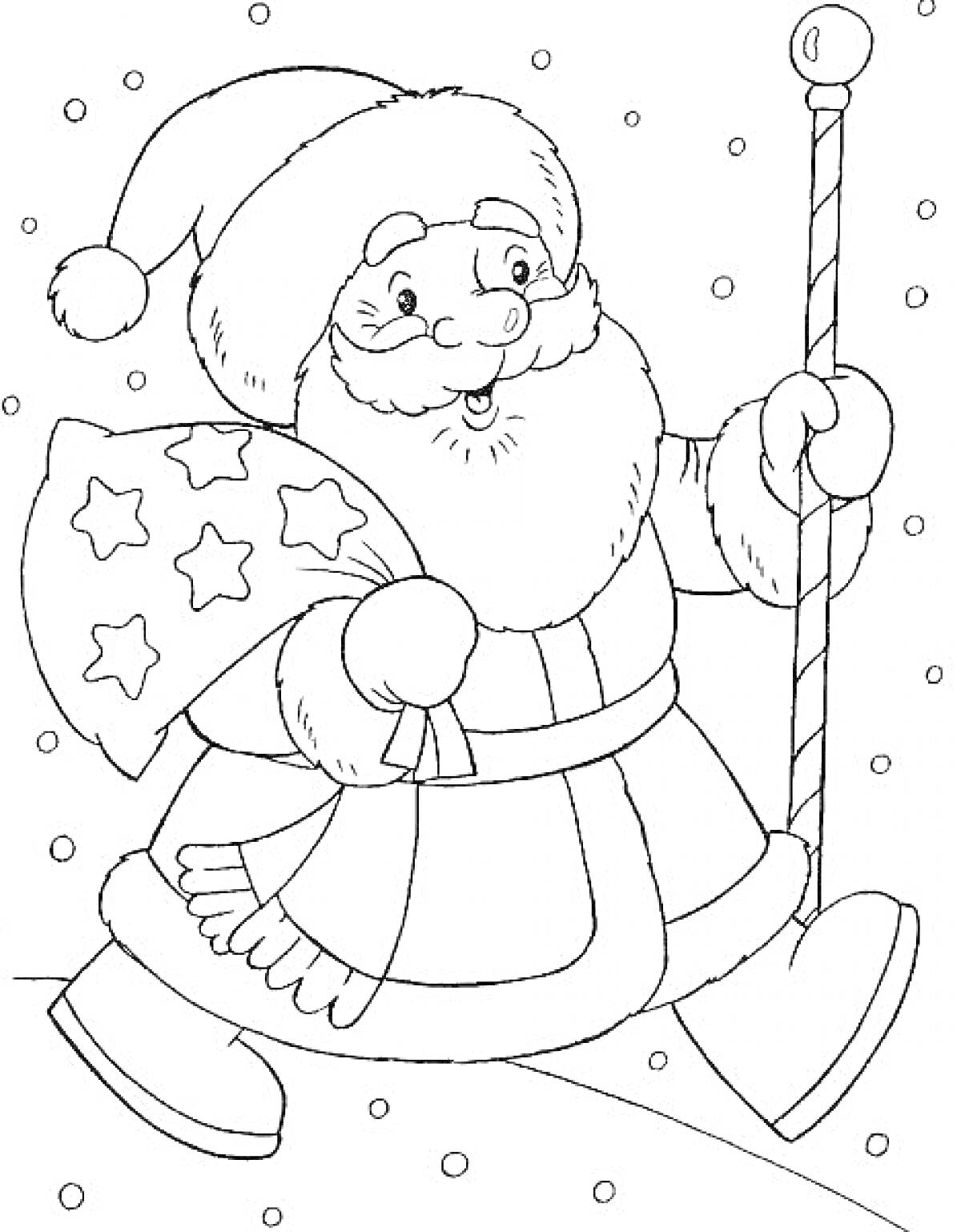 Раскраска Дед Мороз с мешком подарков и посохом, идущий по снегу