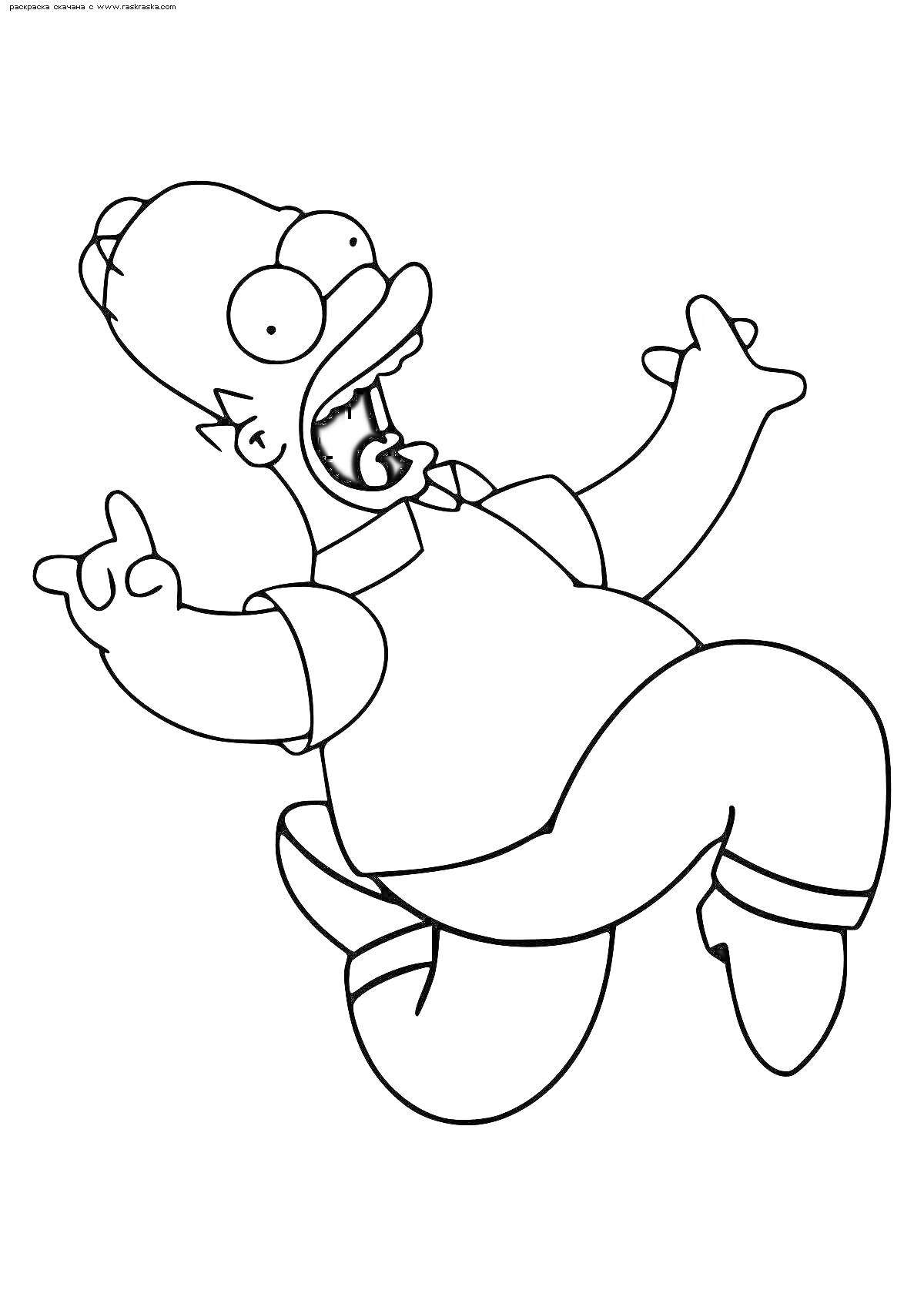 На раскраске изображено: Гомер Симпсон, Кричит, Прыгает, Персонаж, Симпсоны, Веселье, Комедия