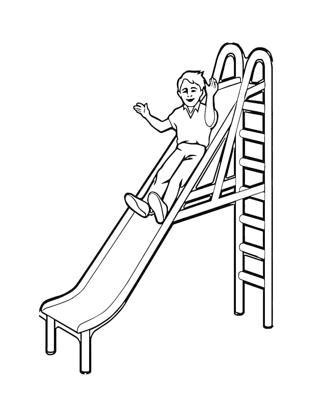 Раскраска Ребенок на горке, горка с лестницей