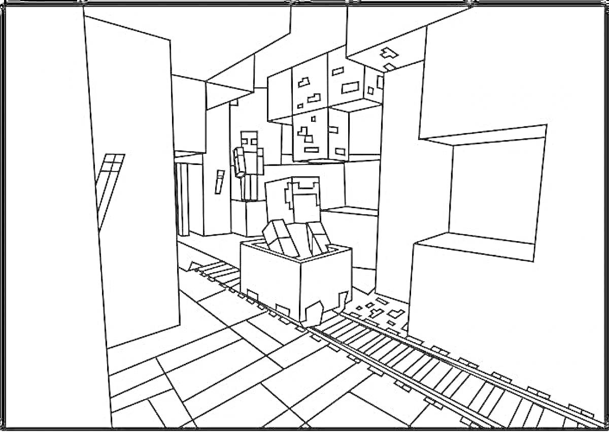 На раскраске изображено: Майнкрафт, Рельсы, Вагонетка, Блоки, Видеоигра