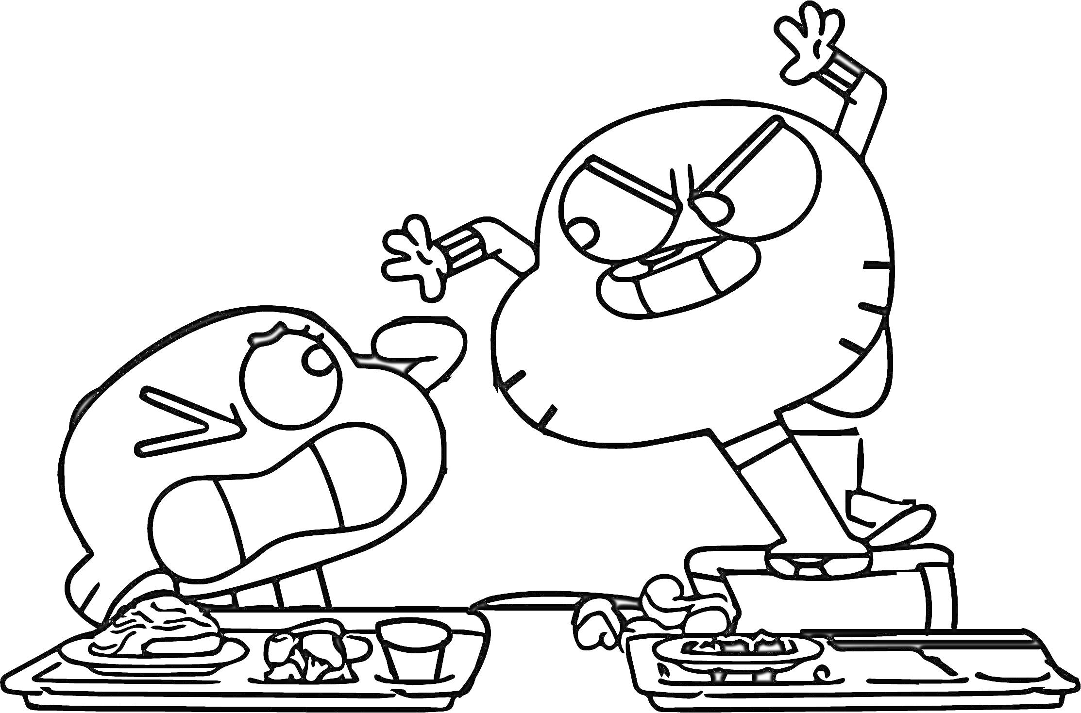 Раскраска Гамбол и Дарвин ссорятся в столовой, в центре изображены два персонажа: один сидит за столом, а второй стоит на стуле с поднятой рукой, на столах лежат подносы с едой