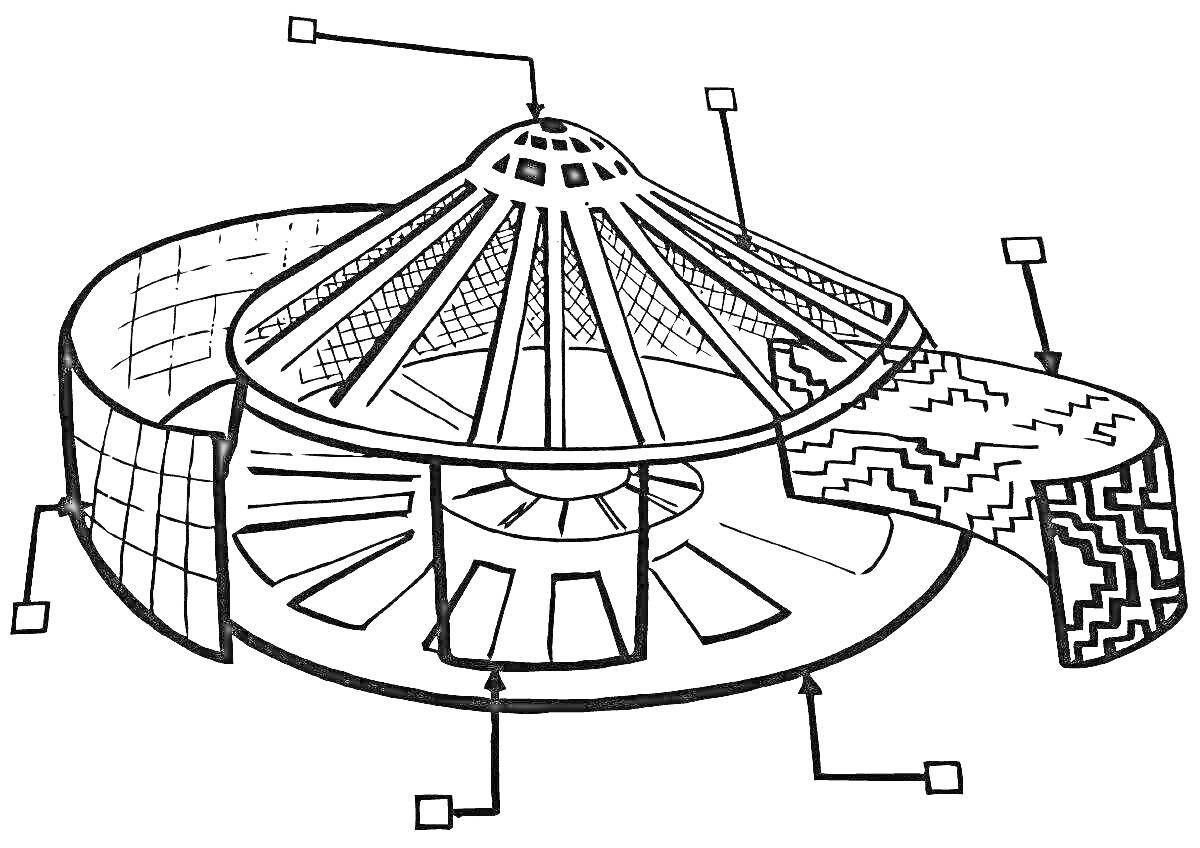 Раскраска Юрта с конусообразной крышей, стенками, дверью с орнаментом и конструктивными элементами