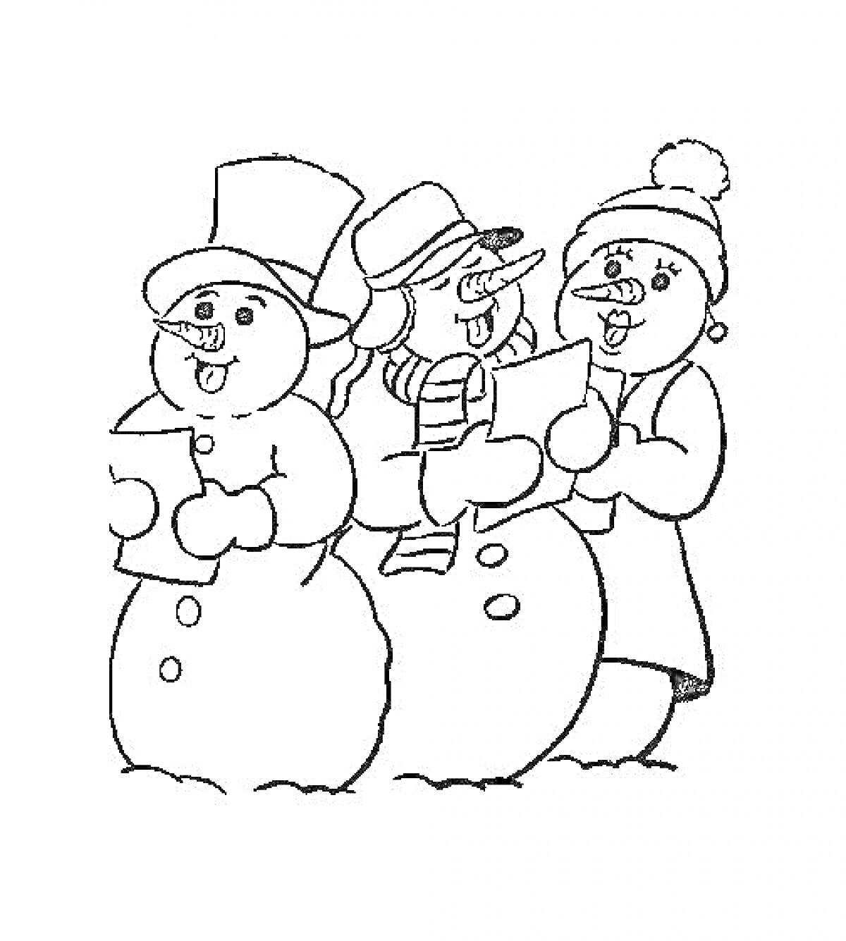 На раскраске изображено: Снеговики, Колядки, Ноты, Пение, Зима, Шапка, Шарф, Рождество