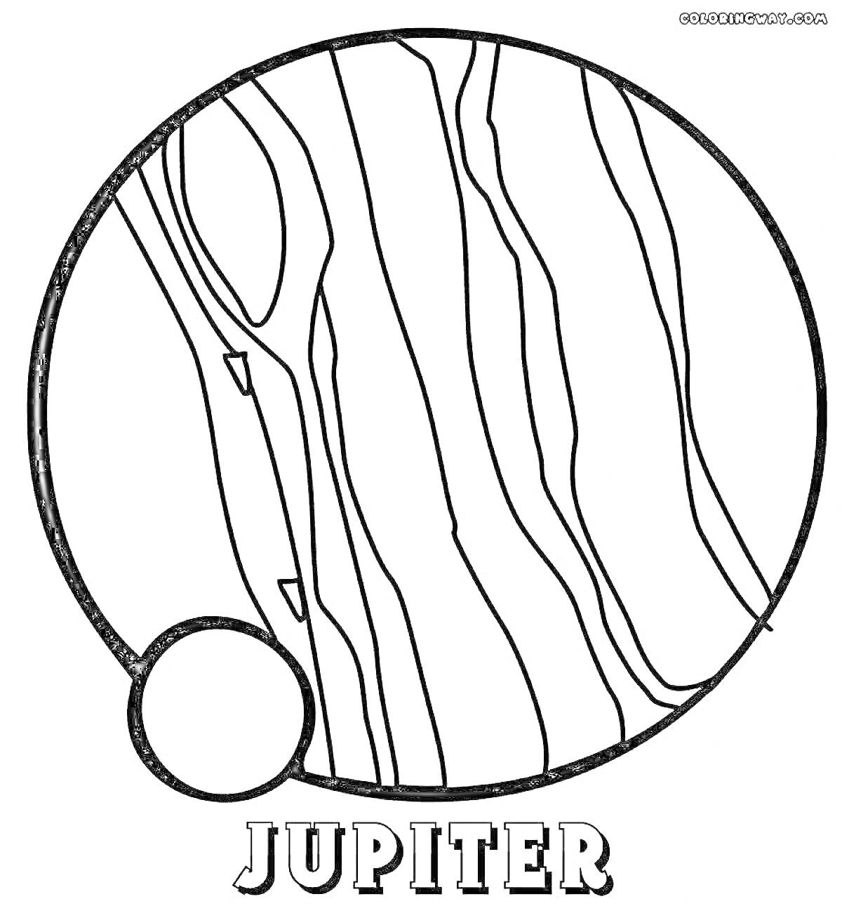 Раскраска Юпитер с полосами и большим спутником, надпись 