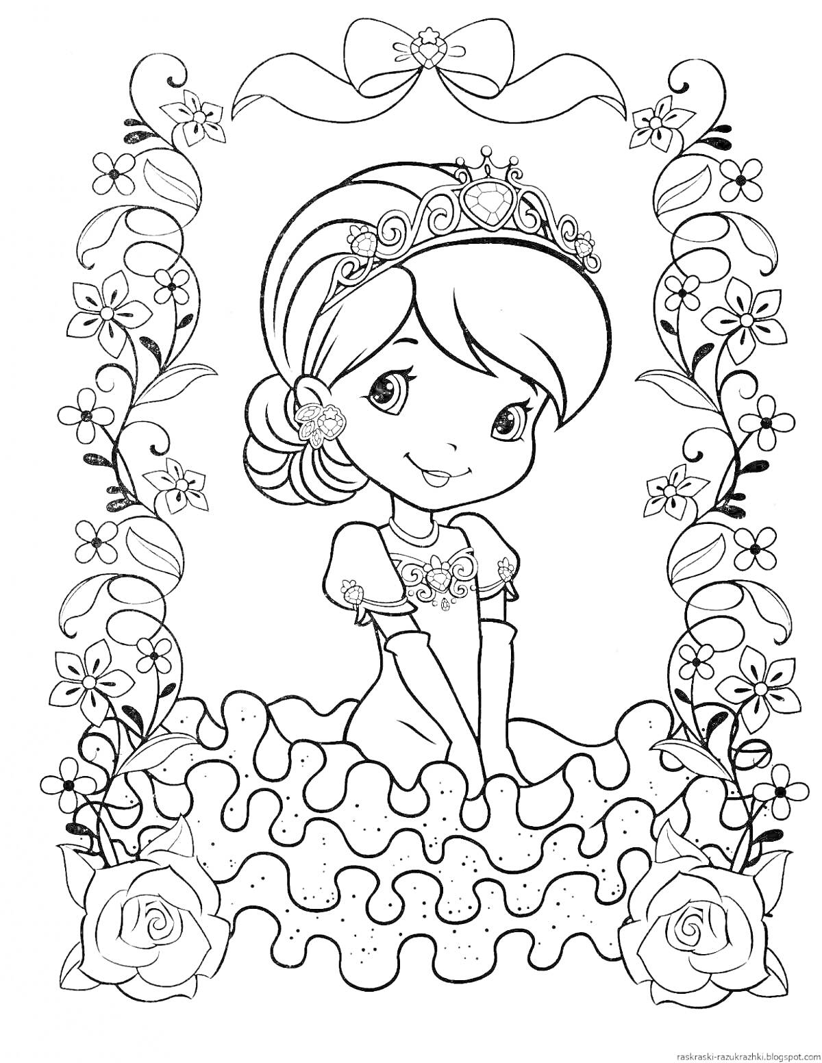 Раскраска Девочка-принцесса на фоне цветов с короной на голове