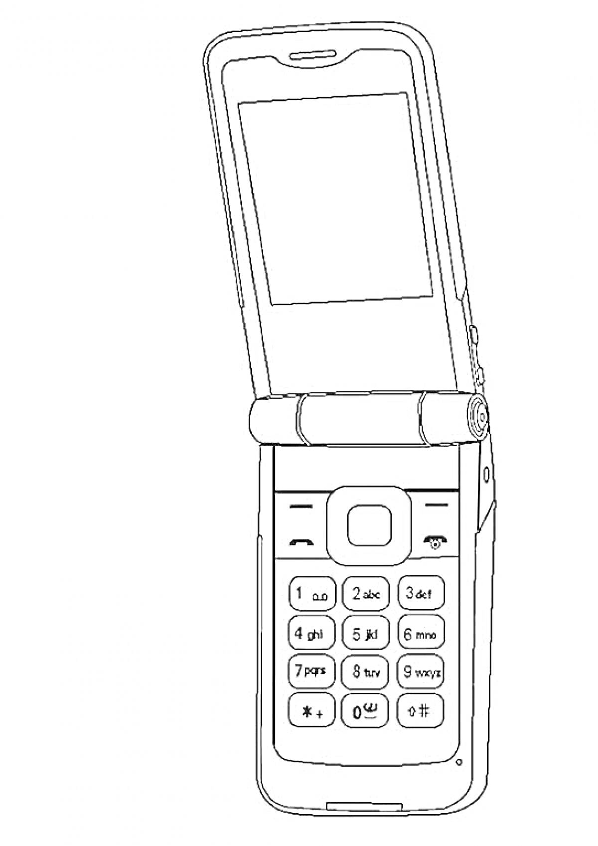Кнопочный раскладной телефон с открытым экраном и клавиатурой